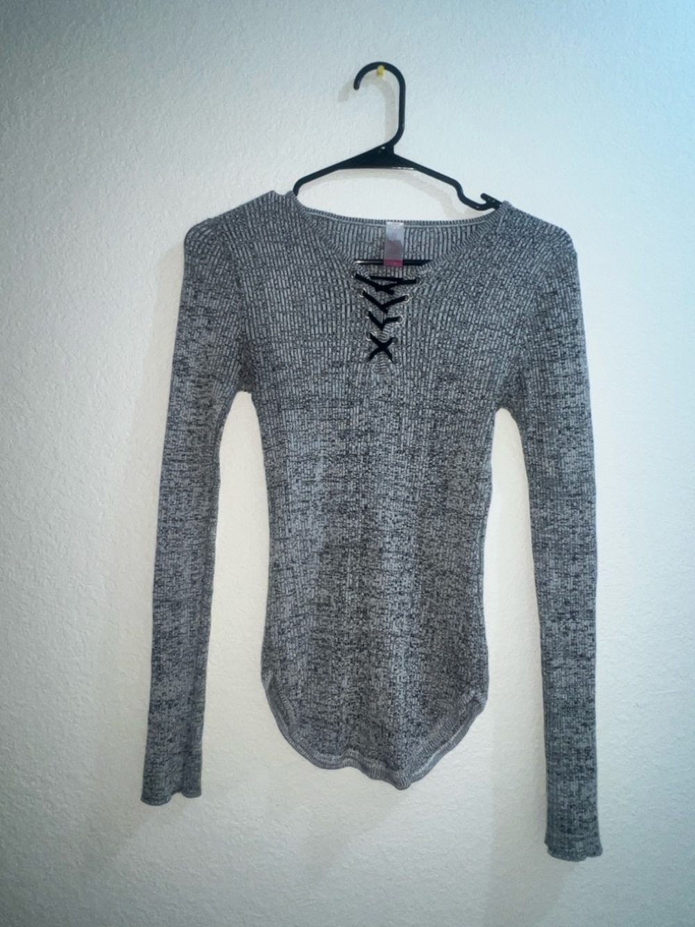 No Boundaries Gray Lace-Up Long Sleeve Knit Top